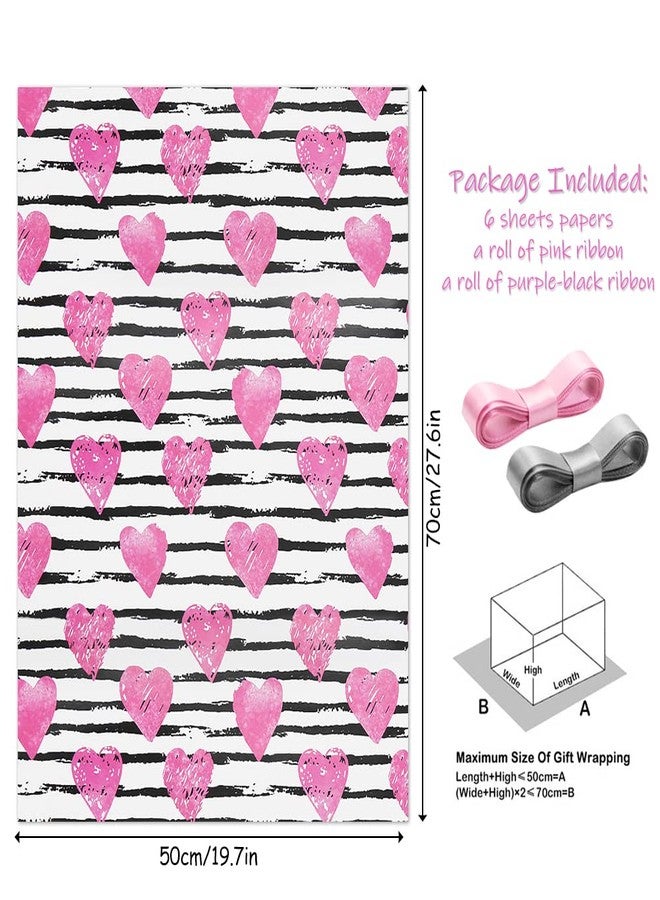 Geluode Valentines Wrapping Paper,6 Sheets 6 Designs Funny Kiss Love Heart Gift Wrapping Paper Adult,Black Pink White Red Gift Wrap Paper Whit 2 Rolls Ribbons For Valentine's Day Wedding Birthday Holiday - Image 2